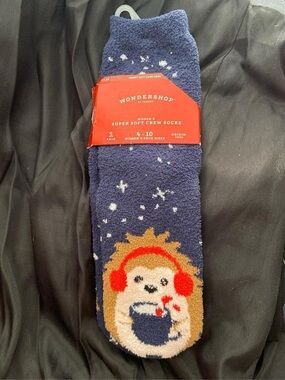 Wondershop Navy Fuzzy Crew Socks with Hedgehog and Red Accents